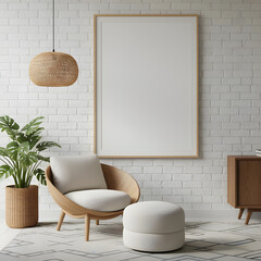 Minimalist Living Room Interior with Blank Vertical Frame on White Brick Wall, Woven Lamp and Rattan Armchair