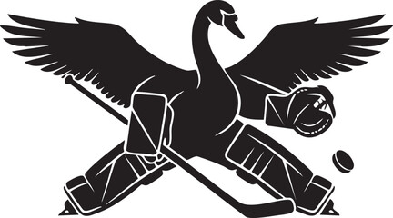 Swan goalie ice-hockey mascot – black & white vector illustration of cartoon bird making a save
