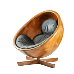 A wooden egg-shaped chair with black cushions on a transparent background.