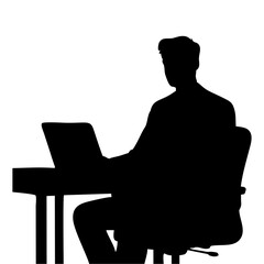 SILHOUETTE OF A MAN IN A SUIT SITTING ON A CHAIR WITH A LAPTOP ON A DESK