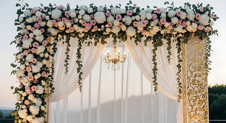 Elegant Wedding Arch Adorned with Flowers and White Drapery.