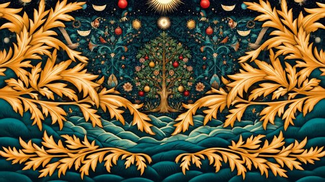 Detailed Tree of Life with golden ornamental leaves, mystical fruits, and celestial sky in a rich, stylized fantasy pattern illustration.
