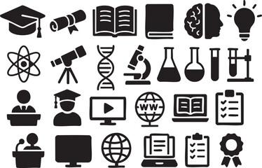 Education Silhouette Set with School, Science, and Study Icons on White Background