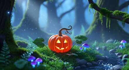 Halloween Pumpkin in Enchanted Forest - A Spooky Night Scene.