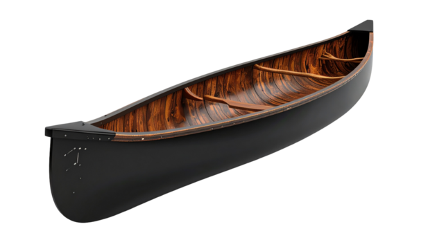 Dark canoe with patterned wooden interior