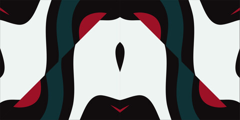 Abstract symmetrical design with bold shapes in black white red and teal hues.
