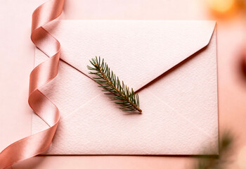 Blush envelope with satin ribbon and fir sprig, top view