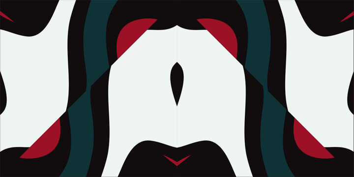 Abstract symmetrical design with bold shapes in black white red and teal hues.