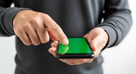 Person using smartphone with green screen for app or website mockup.