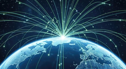 A globe with glowing lines connecting continents, representing global connectivity.
