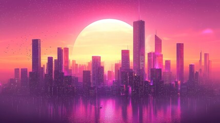 Fototapeta premium Vibrant Retro-Futuristic Cityscape at Sunset with Glowing Skyscrapers Reflected in Water under a Starry Pink and Purple Sky