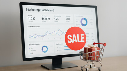 Marketing dashboard with analytics screen showing traffic revenue conversion and promotion strategy while red sale tag highlights retail marketing and cyber monday  romotion excitement