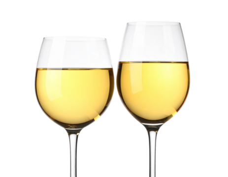 Set of two clear wine glasses partially filled with pale yellow wine isolated on transparent background - Powered by Adobe