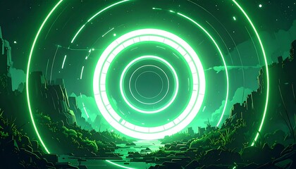 Abstract Neon Green Circles in a Dark, Mystical Landscape.