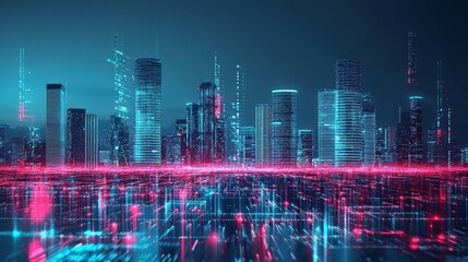 The modern skyline illuminated by flowing data streams symbolizing connectivity.