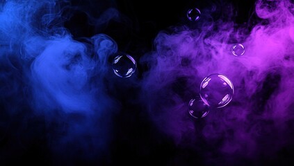 Dark background with a purple and blue color gradient, smoke flowing on the right side of the screen, creating an abstract wave pattern. The left half is a dark black with bubbles floating in it.