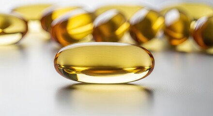 A close-up of a single vitamin capsule with a blurred background of multiple capsules.