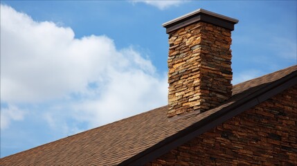 Stone chimney rising above a brown roof against a clear sky.
