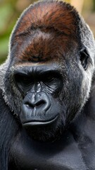 Obraz premium A close-up of a silverback's face and upper body, looking intently at the viewer. The background is blurred greenery