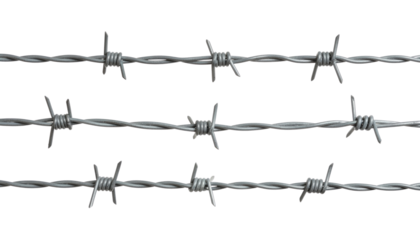 Close-up of sharp metallic barbed wire, symbolizing confinement, protection, and caution. the stark contrast highlights the raw. Isolated On Transparent and White Background