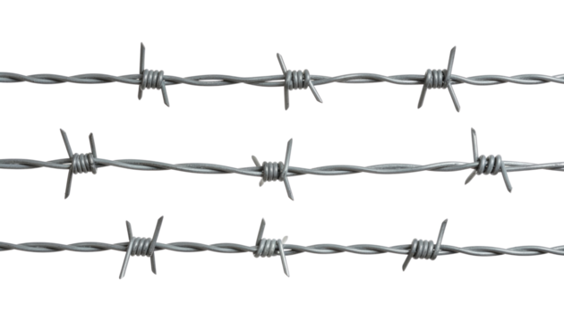 Close-up of sharp metallic barbed wire, symbolizing confinement, protection, and caution. the stark contrast highlights the raw. Isolated On Transparent and White Background