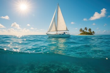 Fototapeta premium Sailboat Adventure in Turquoise Waters: A pristine sailboat glides gracefully across the vast turquoise ocean, under a clear blue sky, approaching a lush tropical island.
