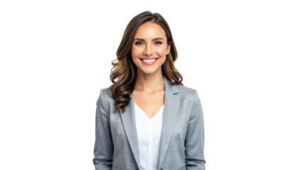  businesswoman confidently stands, her warm smile radiating success, professional attire showcases her leadership capabilities and confident persona. Isolated On Transparent and White Background