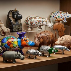 Collection of Decorative Hippopotamus Figurines on Display Shelf.