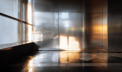 Sunlit interior space with reflective surfaces and shadows creating depth.