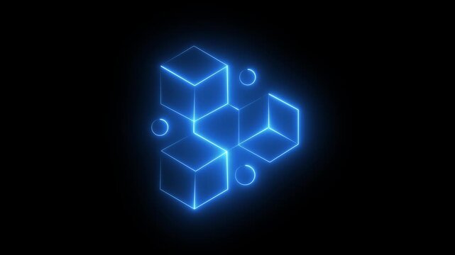 Blue Neon Geometric Cubes Arrangement With Circles On 4k vide Black Background abstract illusion