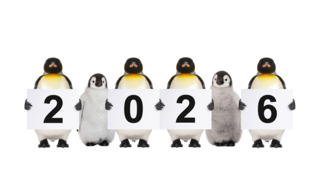 Penguins hold sign 2026, symbolizing new year resolution and vision in a clean setting.  Isolated On Transparent and White Background