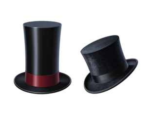 Pair of classic magician top hats for stage and fantasy themes isolated on transparent background