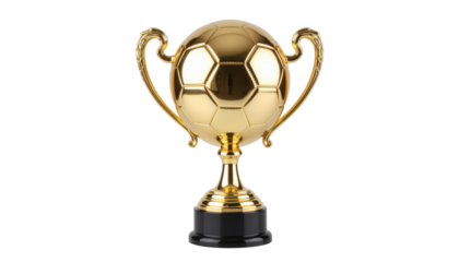 A golden soccer trophy on a pedestal, a symbol of victory and sporting excellence.  Isolated On Transparent and White Background