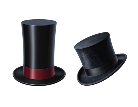 Pair of classic magician top hats for stage and fantasy themes isolated on transparent background - Powered by Adobe