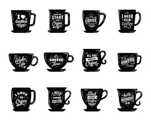 coffee mug with lover quote set collection pack bundle black shape icon silhouette vector flat illustration design on white background