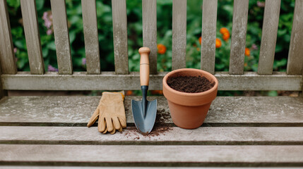 Gardening Tools with Terracotta Pot and Soil on Wooden Bench for Spring Planting Season