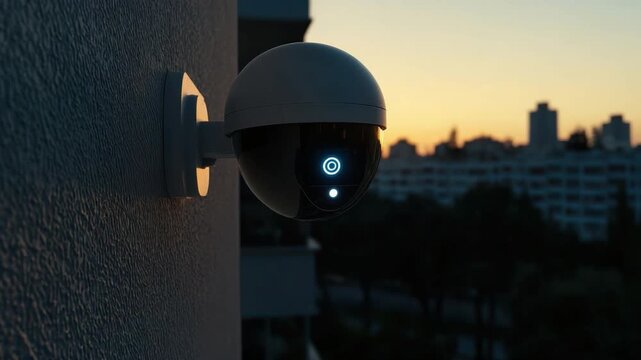 Smart Security Camera on Wall Against City Skyline at Sunset Providing Surveillance and Safety for Urban Environments 4k video footage
