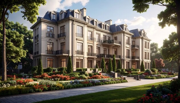 A classical, multi-story building with numerous windows, balconies, and a mansard roof, surrounded by lush gardens