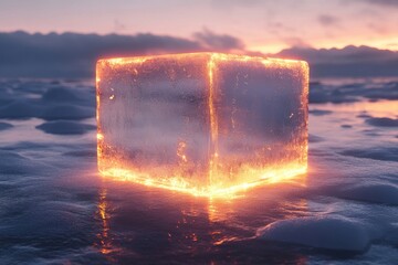 Ice cube floating on water at sunset.