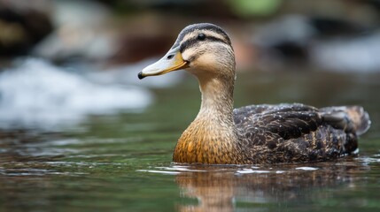 Duck gracefully floats on water, showcasing its beautiful plumage in natural habitat.