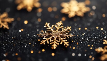 Glittering gold snowflakes on a black background, evoking the festive spirit of Christmas and the New Year.