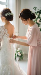 Bridesmaid helping bride with her wedding dress preparation.