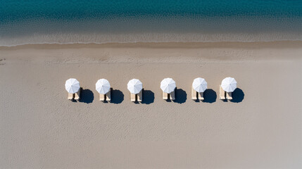 Aerial View of White Beach Umbrellas in Row on Sandy Shore by Turquoise Ocean Water