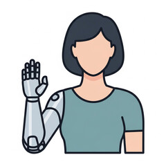 Illustration of a person with a prosthetic arm, raising their hand in a gesture.