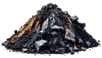 Pile of dark, fragmented mineral, with rough texture and sharp edges, illuminated, creating a compelling composition. Isolated On Transparent and White Background