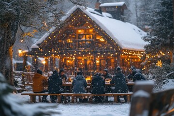 People sitting at table in snow.