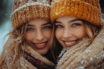 girls in winter clothing smiling and hugging.