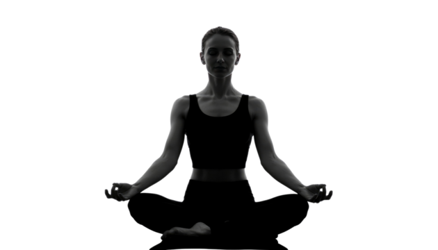 serene silhouette of a woman in deep meditation, radiating tranquility and peace. The image evokes a sense of calm and mindfulness. Isolated On Transparent and White Background