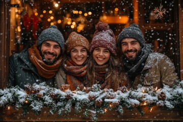 people in winter clothes smiling and looking out the window.