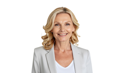 elegant middle-aged woman, radiating warmth, confidence, and approachable poise, in a professional portrait. Isolated On Transparent and White Background